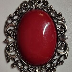 Vintage-Style Filigree Brooch with Red Cabochon